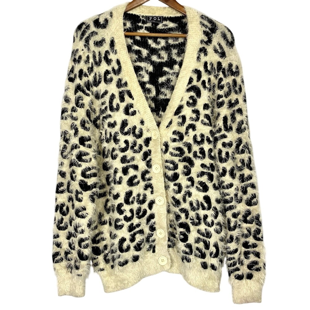 POL Large Chunky Sweater Knit Cardigan Cheetah Heavy Cozy Neutral Vneck Button L